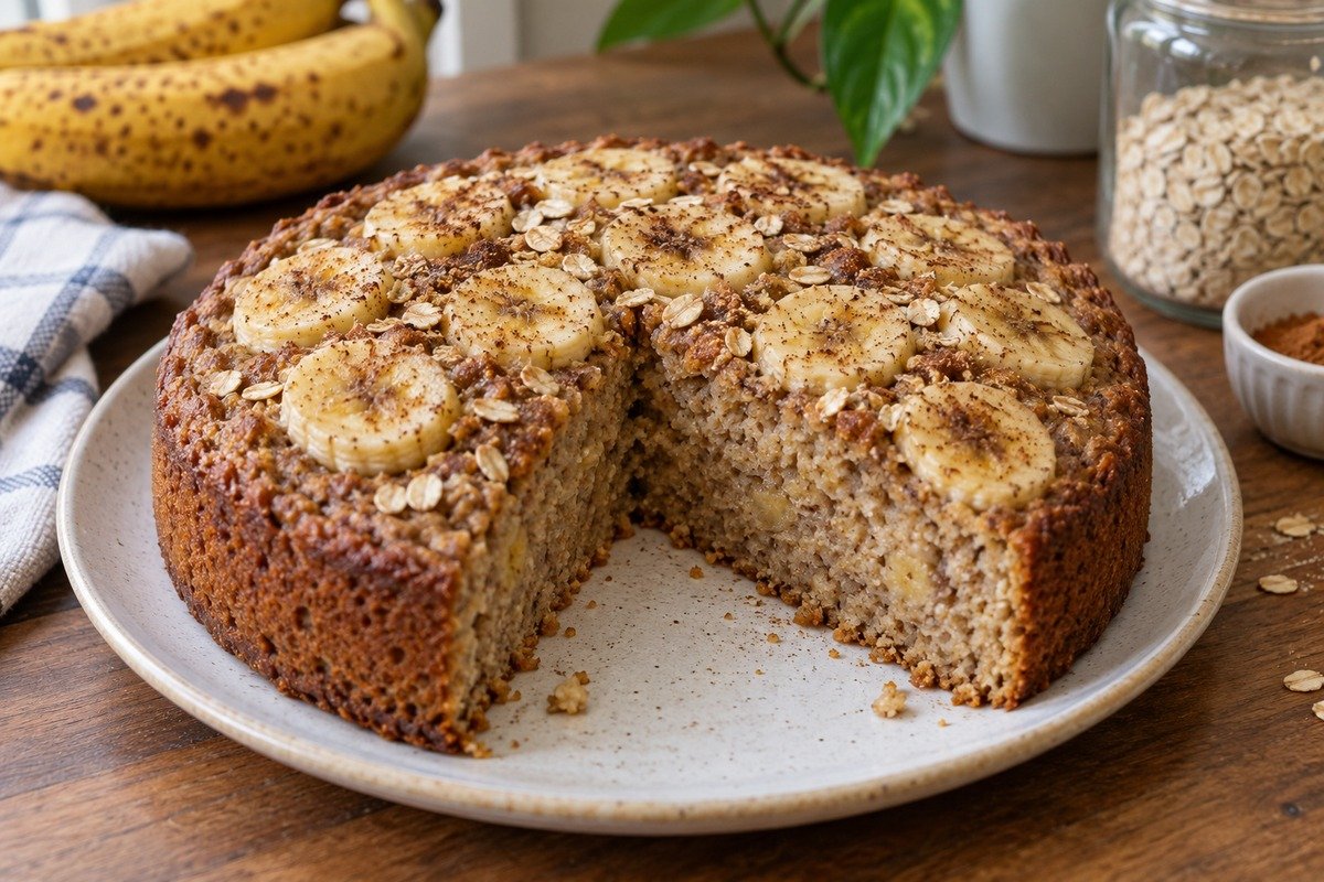 bolo de banana fitness pequeno, massa úmida com aveia, rodelas de banana assadas no topo, sem cobertura
