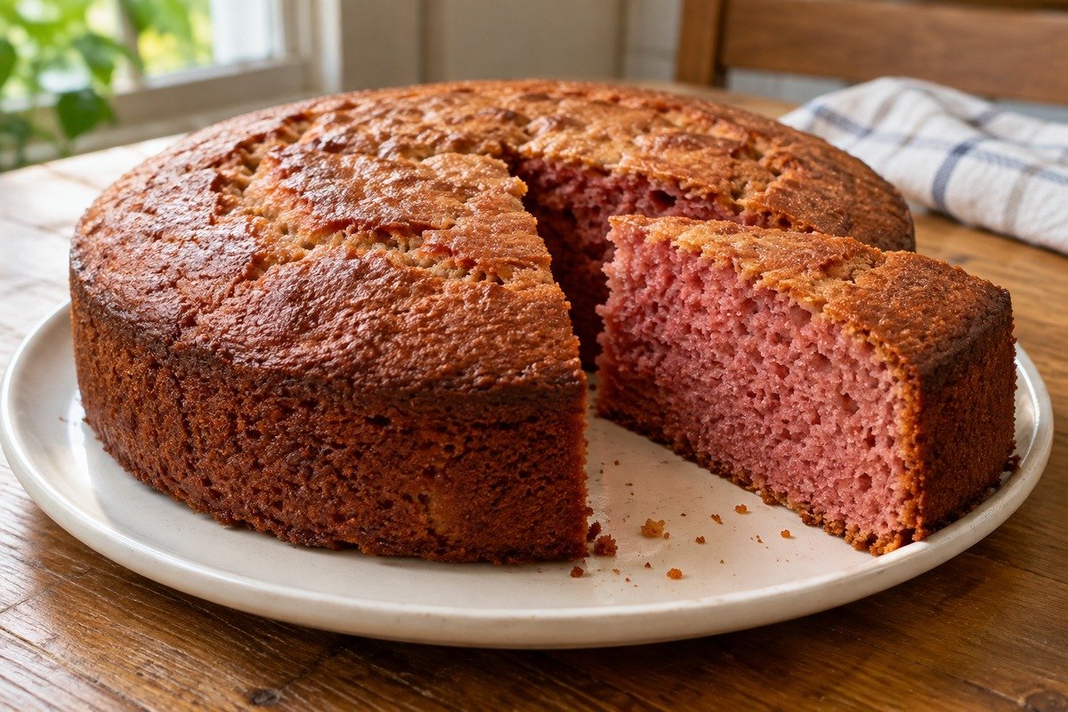 Bolo de beterraba redondo com superfície dourada e fatia cortada mostrando o miolo rosado.