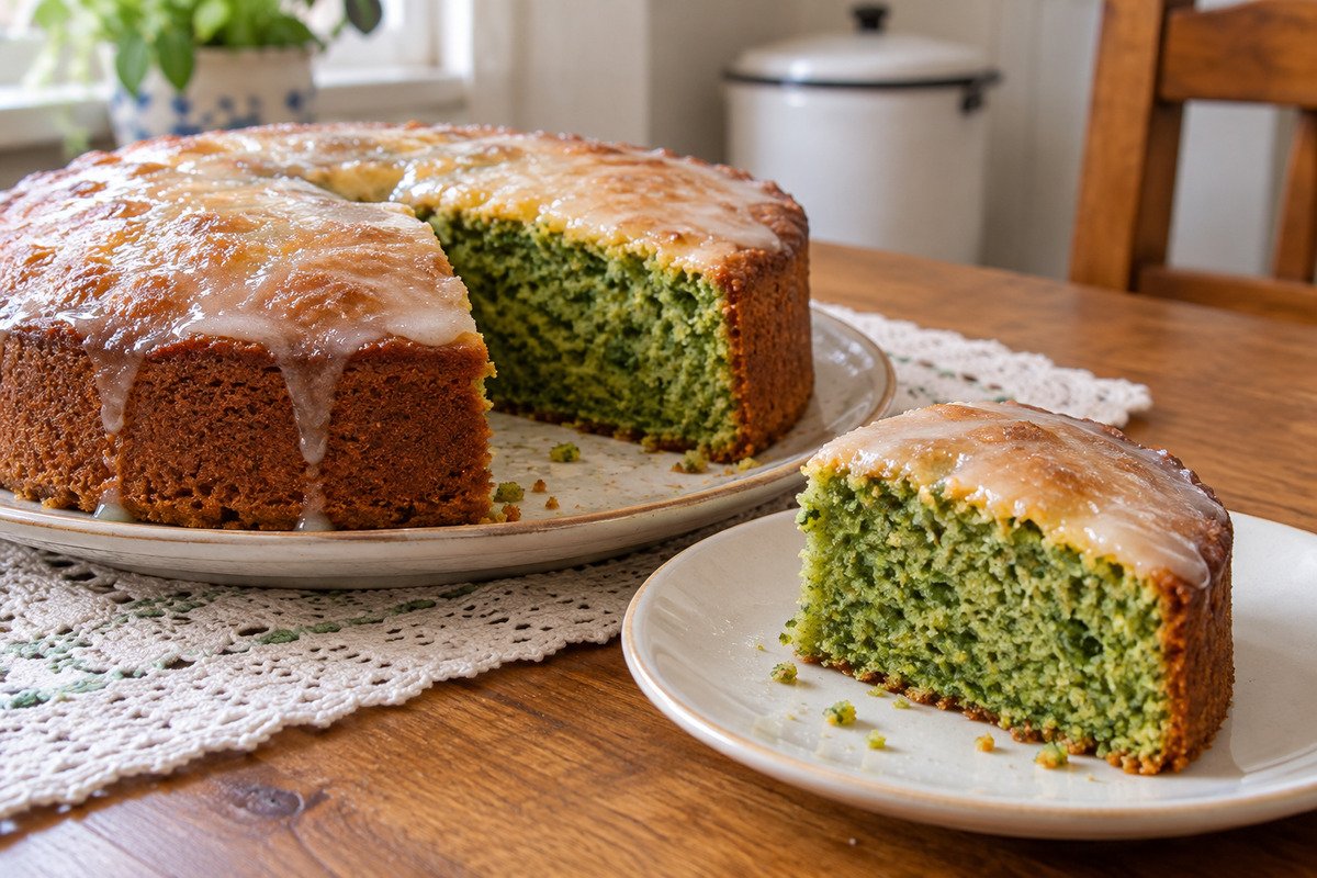 Fatia de bolo doce de espinafre com miolo verde e cobertura clara