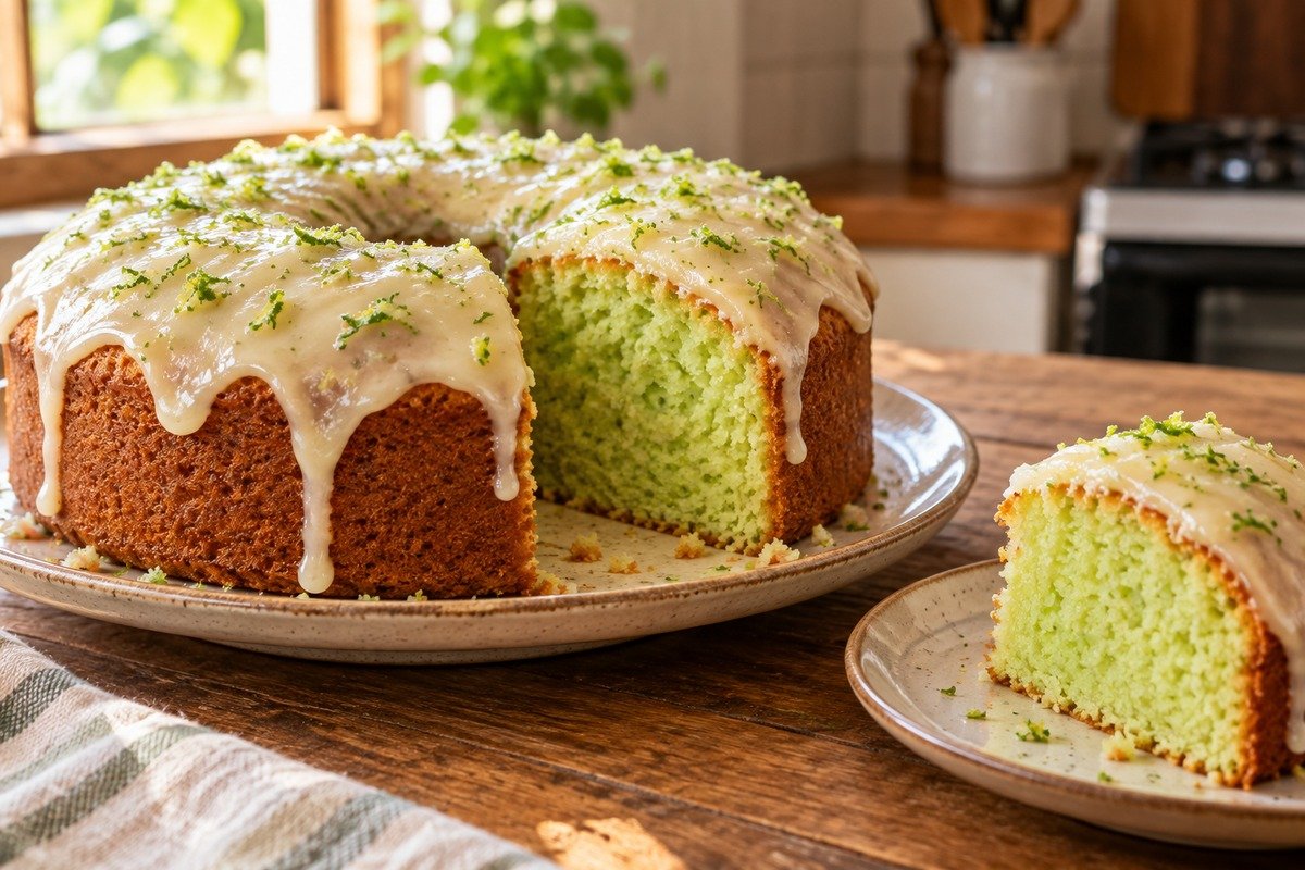 Bolo de limão de miolo verde-claro com cobertura cremosa clara e raspas de limão, com uma fatia servida ao lado.