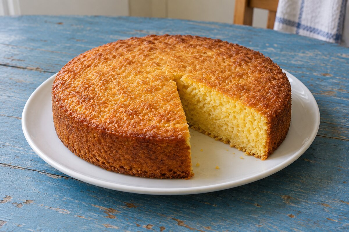 Bolo de milharina dourado com uma fatia cortada mostrando o miolo amarelo