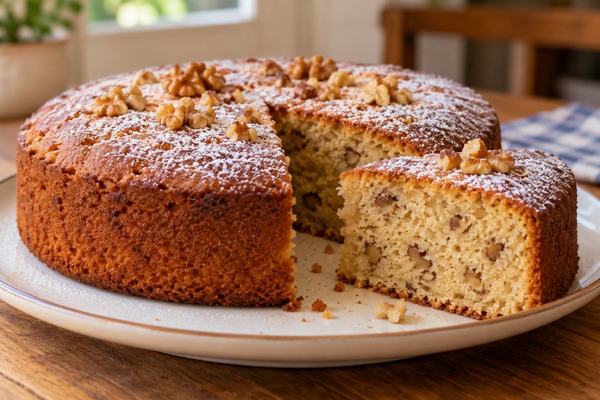 Bolo de nozes dourado com uma fatia cortada, mostrando miolo macio e pedacinhos de nozes.