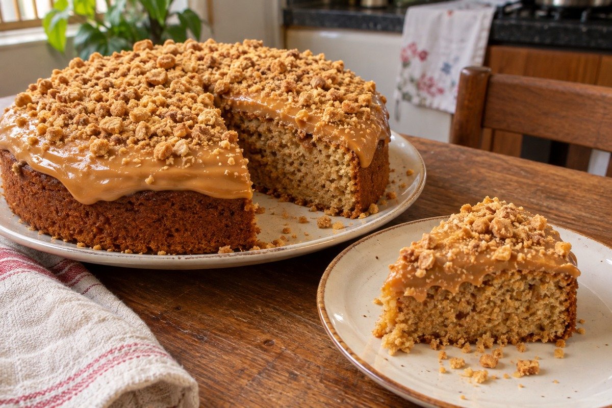 Bolo de paçoca com cobertura cremosa e paçoca esfarelada, com uma fatia servida ao lado.
