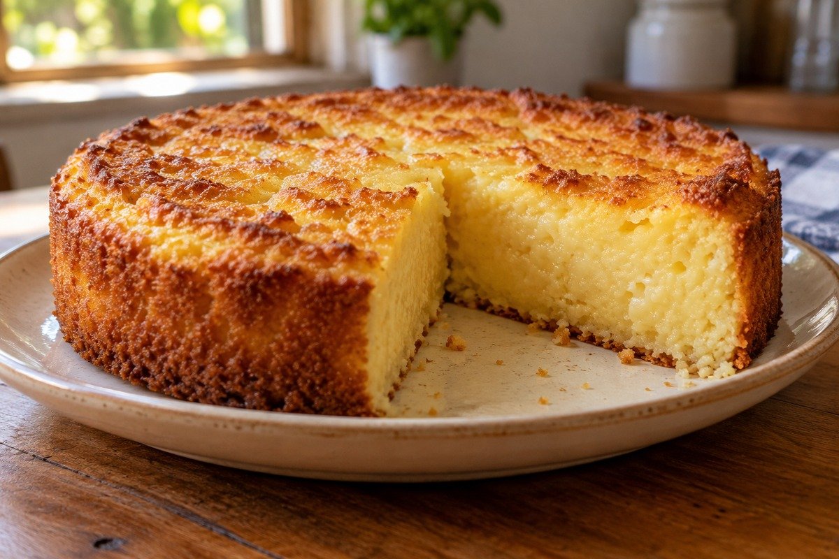 Bolo de queijo baixo e dourado, com uma fatia mostrando o centro úmido e cremoso.