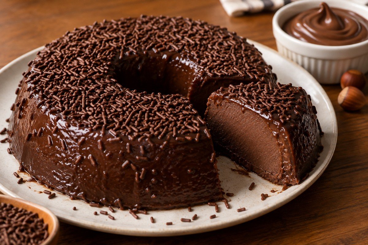 Brigadeirão de Nutella fácil desenformado com granulado em prato simples