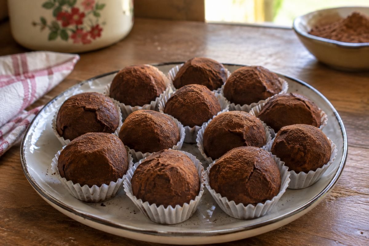 Brigadeiro fit com 3 ingredientes em apresentação caseira sobre mesa simples