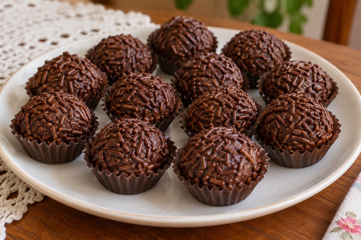 Brigadeiros de chocolate sem fogo enrolados e cobertos com granulado em forminhas simples