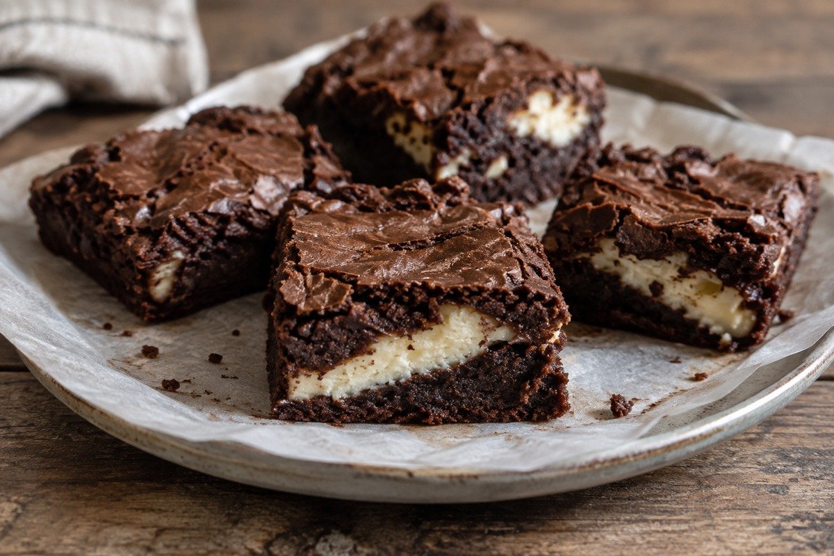 Quadrados de brownie com recheio cremoso claro no meio, servidos em prato rústico