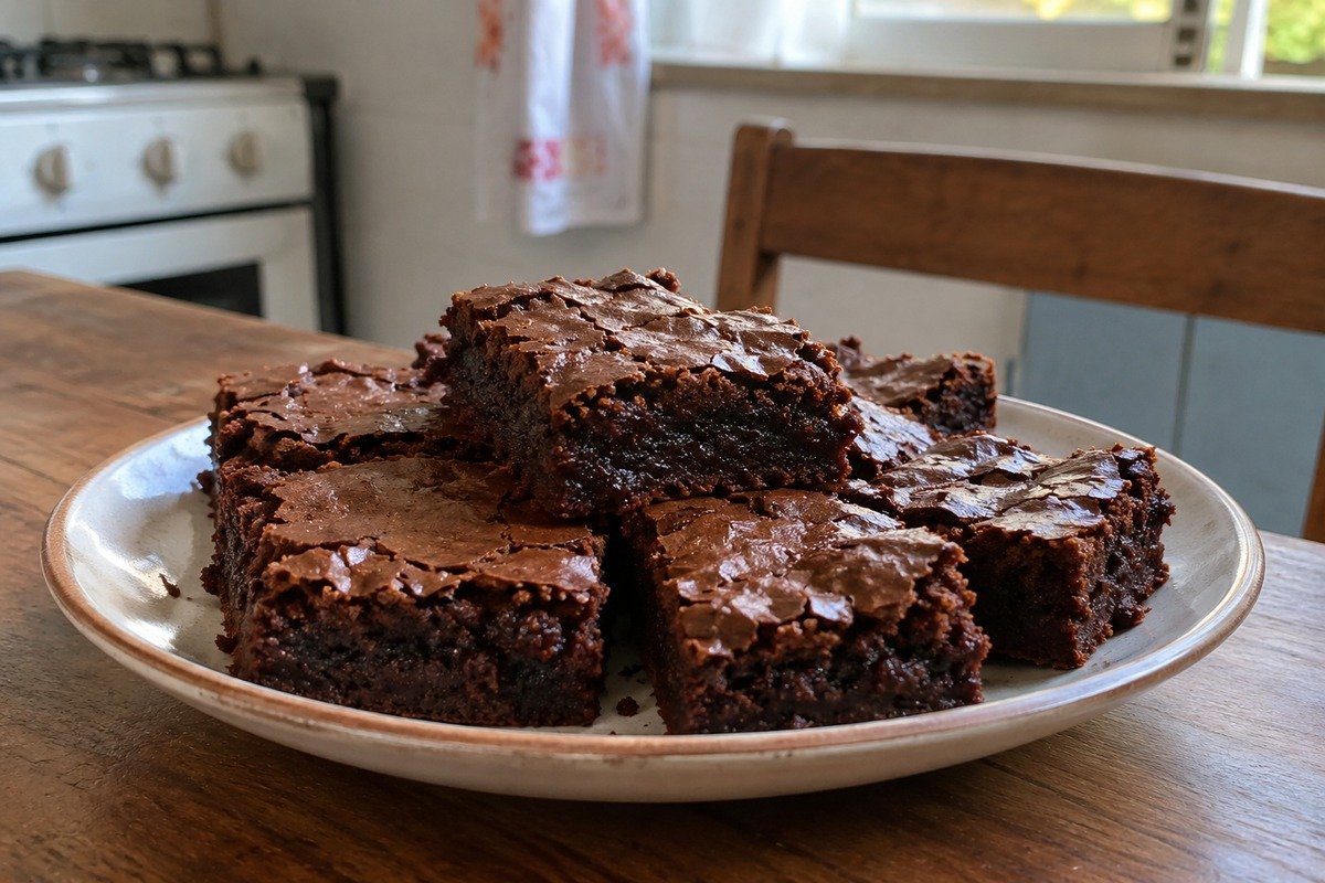 Brownie de chocolate cortado em quadrados sobre tábua simples