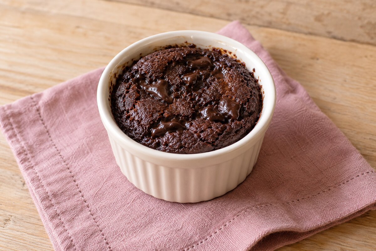 Brownie individual de micro-ondas com pedaços de chocolate em ramequim