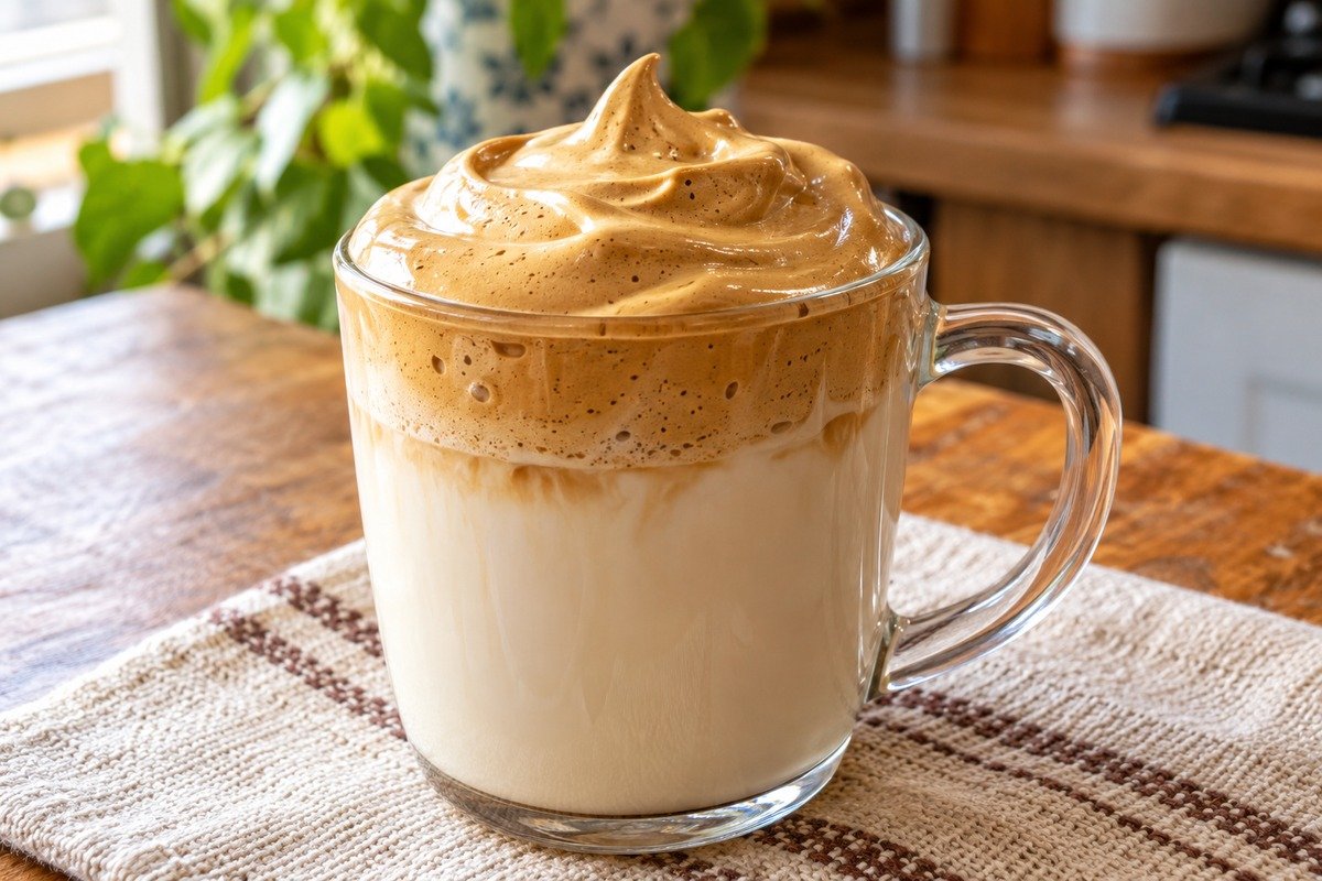 Xícara de café com leite coberta por espuma cremosa clara e firme em mesa de madeira de cozinha caseira