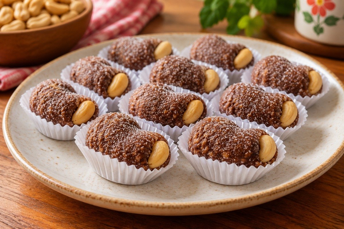 Cajuzinhos castanhos em formato de caju, passados no açúcar e finalizados com amendoim em forminhas.