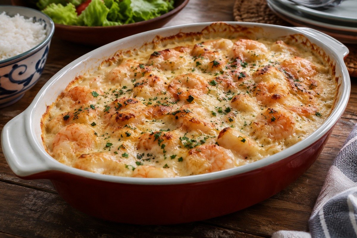 Camarão ao catupiry gratinado em travessa sobre mesa rústica