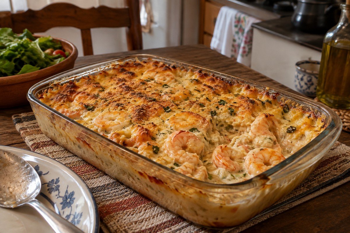 Camusquim de camarão gratinado em travessa de vidro simples