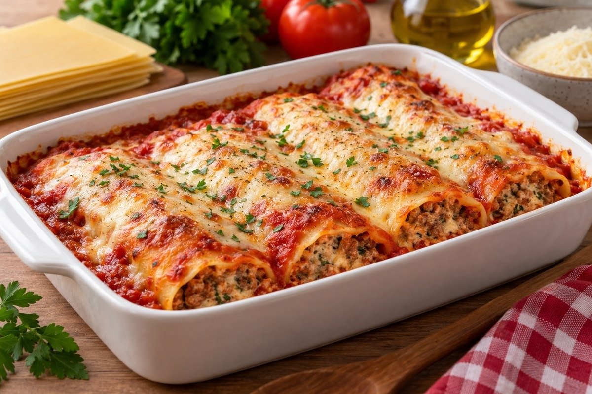 travessa de canelones enrolados com massa de lasanha, cobertos por molho de tomate e queijo gratinado, aparência caseira e suculenta