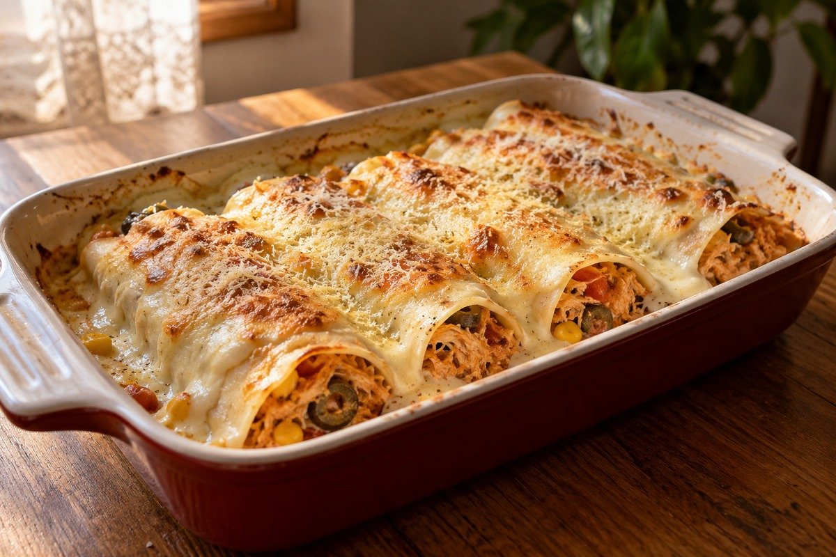 Canelones de massa de pastel gratinados com molho branco e parmesão, com recheio de frango aparente