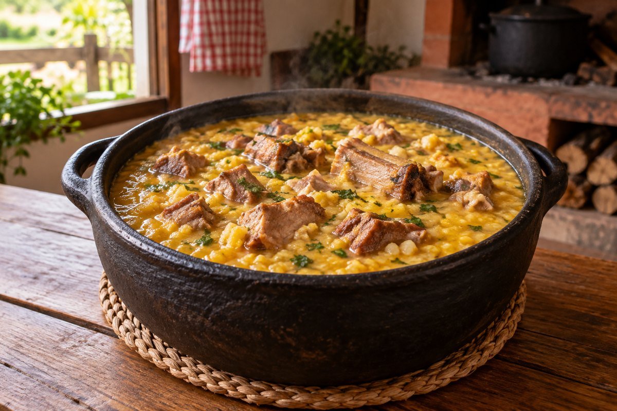 Canjiquinha com Costelinha pronto em apresentação caseira sobre mesa de madeira