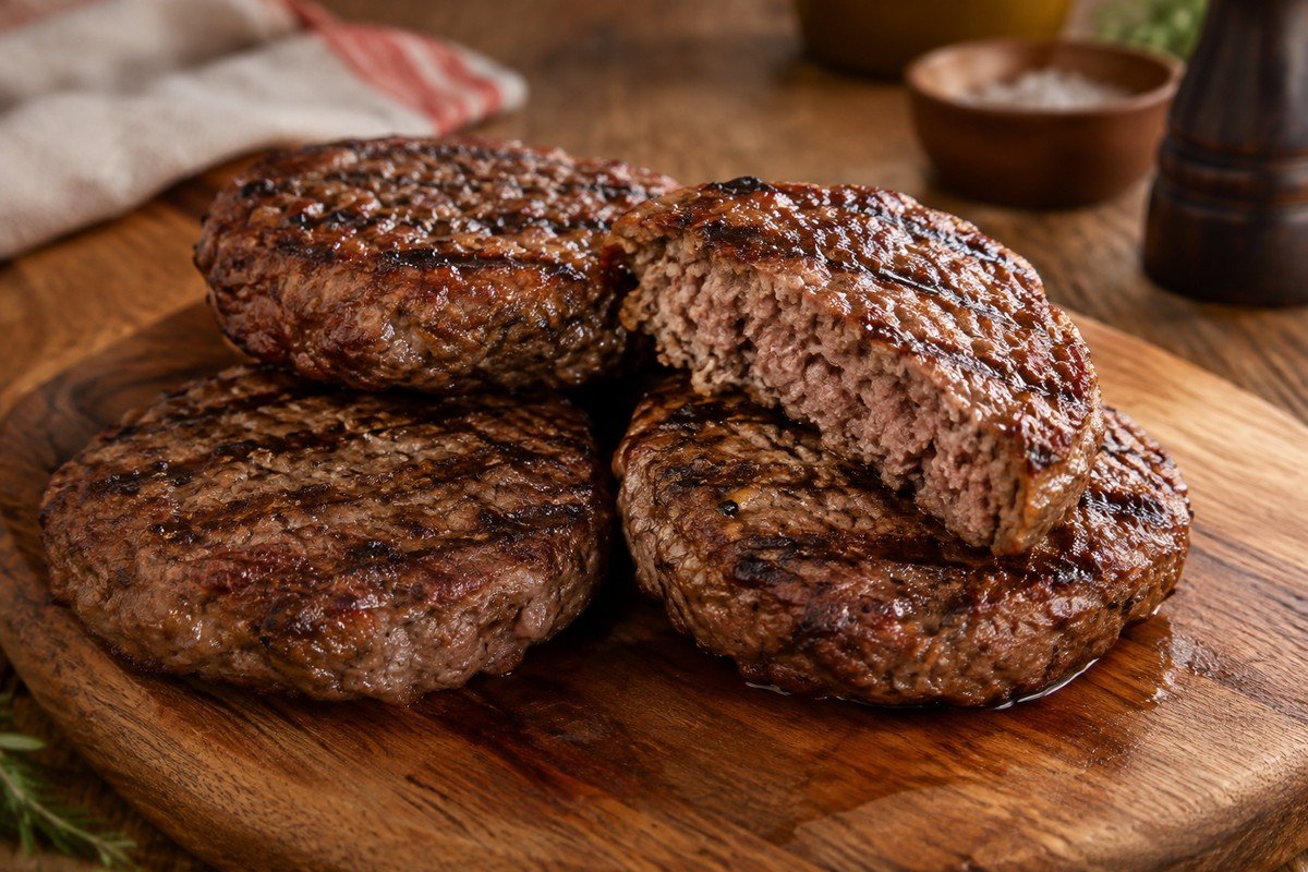 Discos de carne de hambúrguer caseira grelhados sobre tábua simples