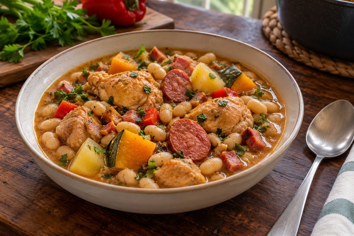 Tigela de cassoulet com feijão branco, pedaços de frango, calabresa, batata e abóbora em caldo.
