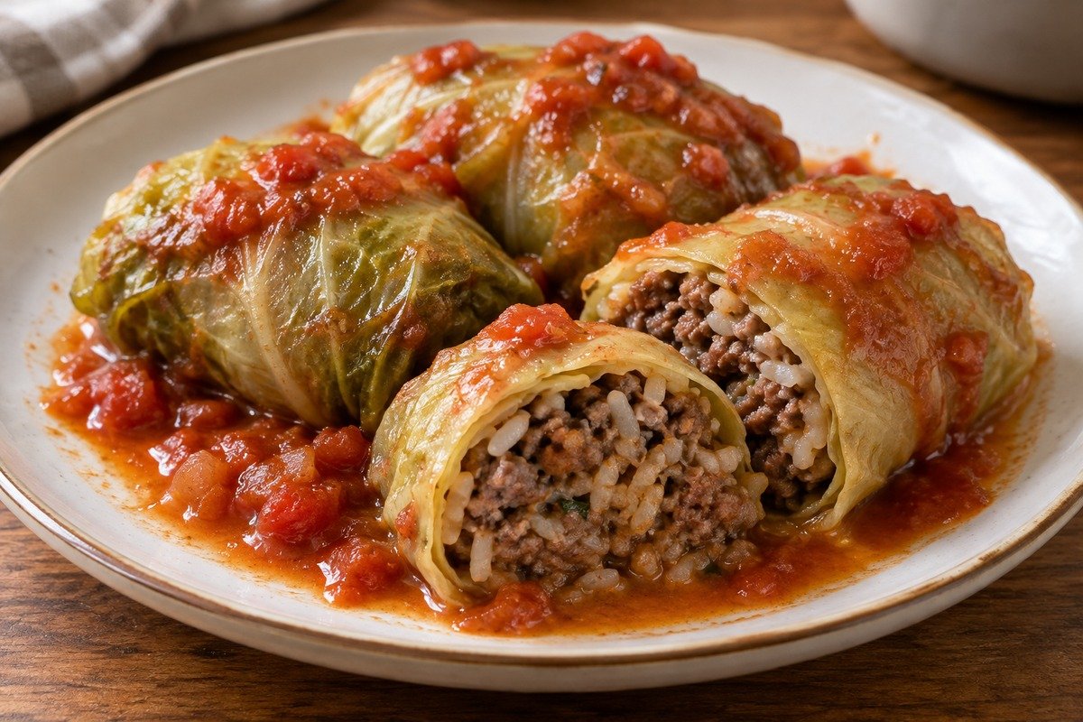 Charutos de repolho ao molho de tomate, com carne e arroz visíveis no corte.
