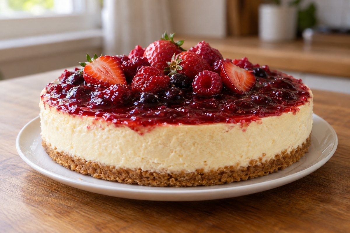 Cheesecake Simples pronto em apresentação caseira sobre mesa de madeira
