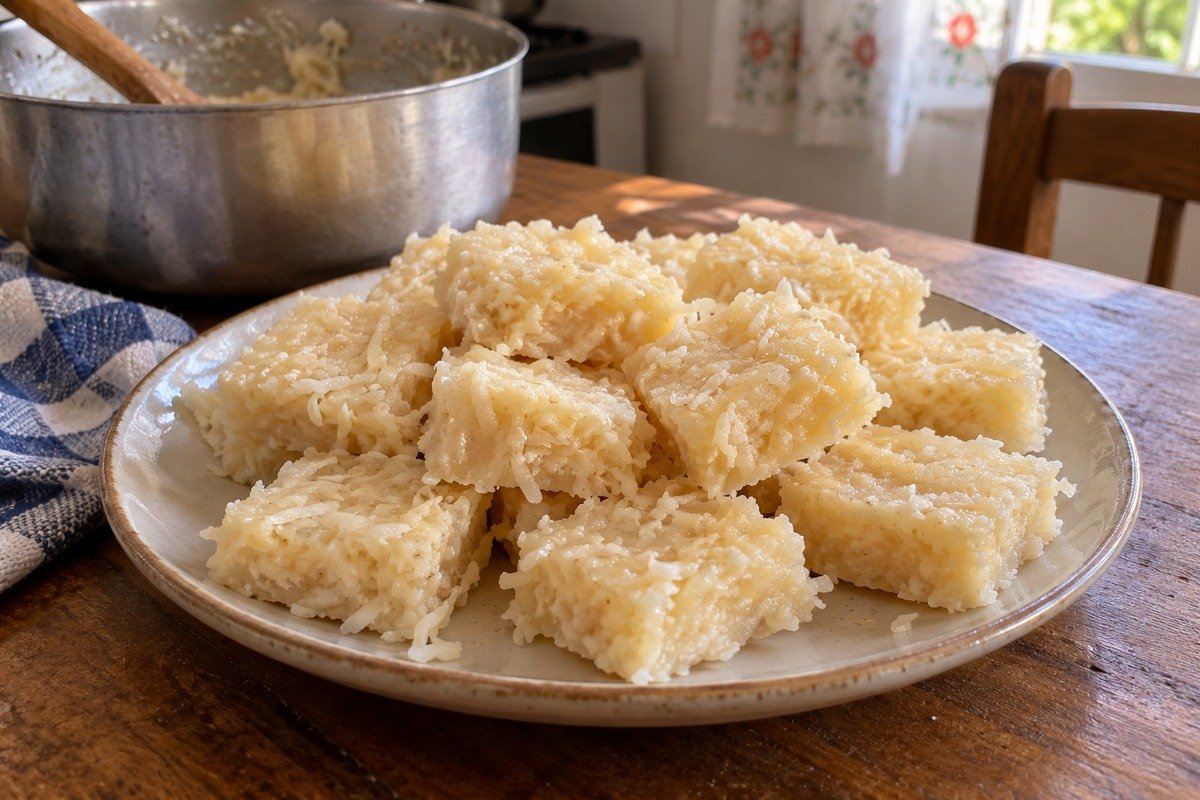 Quadrados de cocada clara com leite condensado em prato, com fios de coco visíveis e corte caseiro.