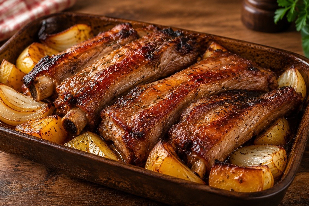Costela de porco assada com batatas e cebolas em travessa rústica