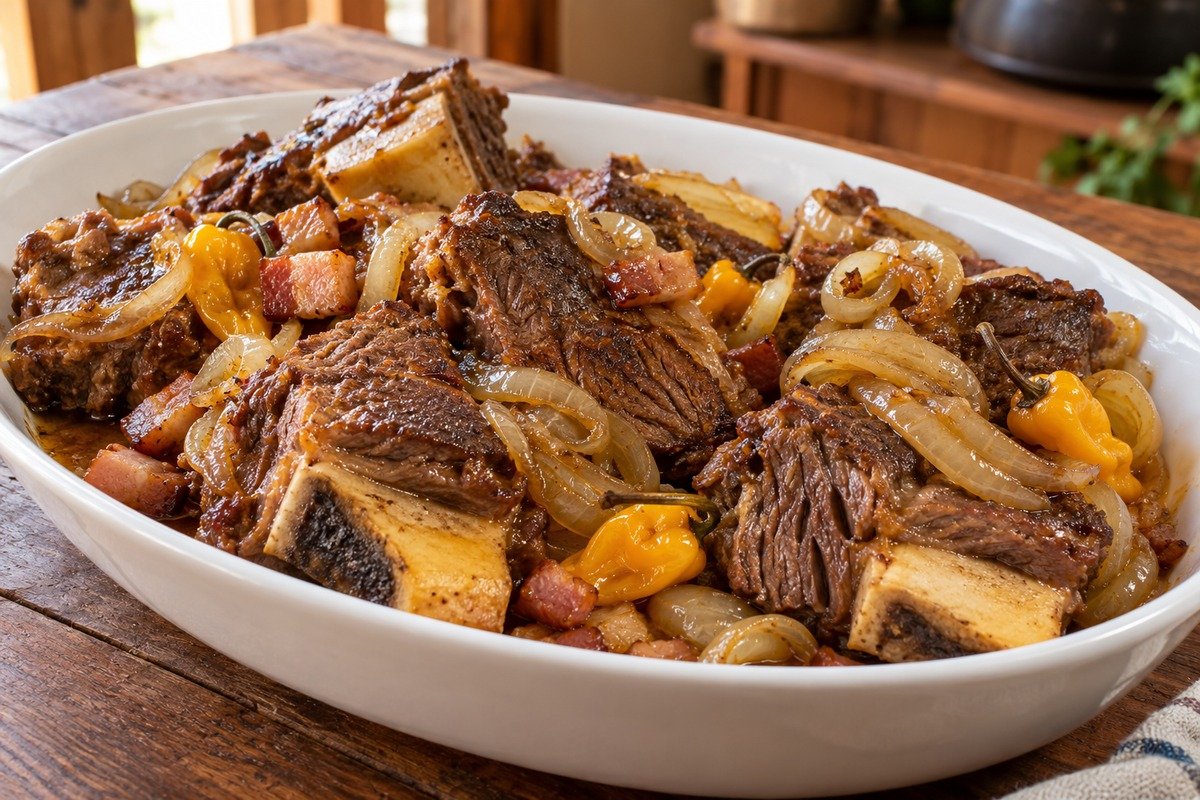 Costela bovina macia com ossos visíveis, cebolas douradas, cubos de bacon e pimentas-de-cheiro, sem molho de tomate.