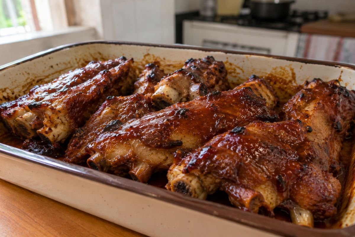 Costelinha de Porco com Barbecue em apresentação caseira sobre mesa simples