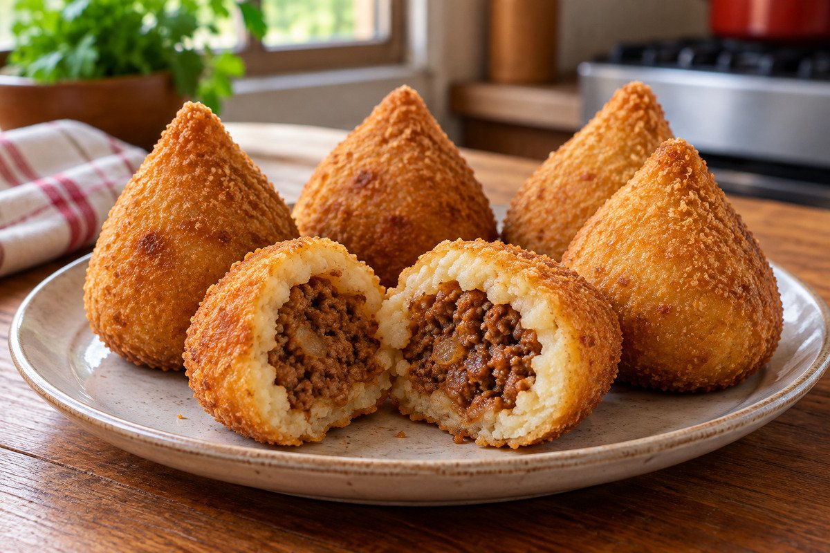 Coxinhas de mandioca douradas, uma partida revelando a massa clara e recheio de carne moída.