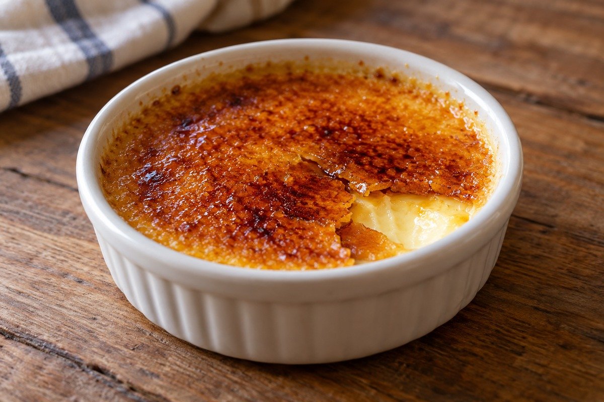 Crème brûlée em ramequim baixo com casquinha fina de açúcar caramelizado âmbar levemente quebrada