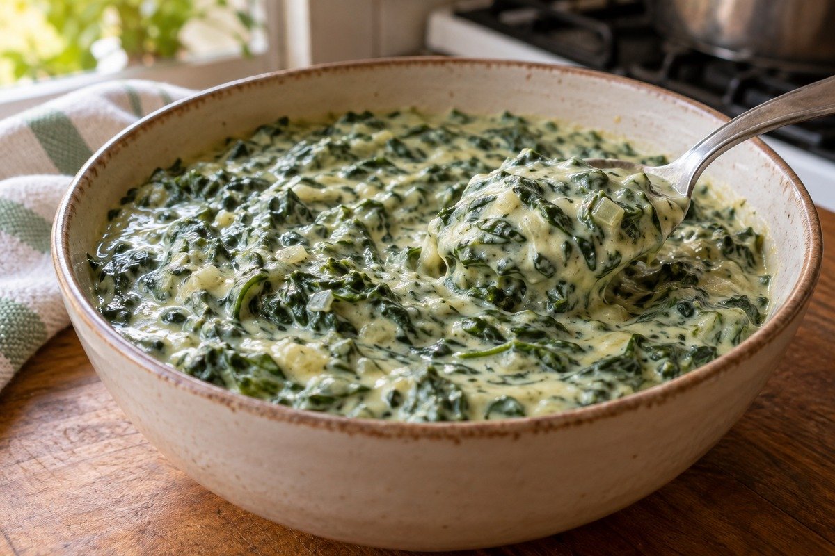 Tigela de creme de espinafre com folhas picadas e molho branco cremoso.