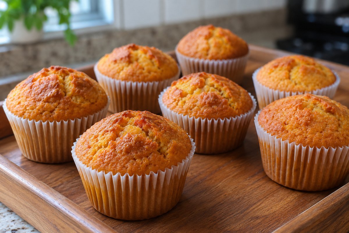 Cupcake de Cenoura pronto em apresentação caseira sobre mesa de madeira