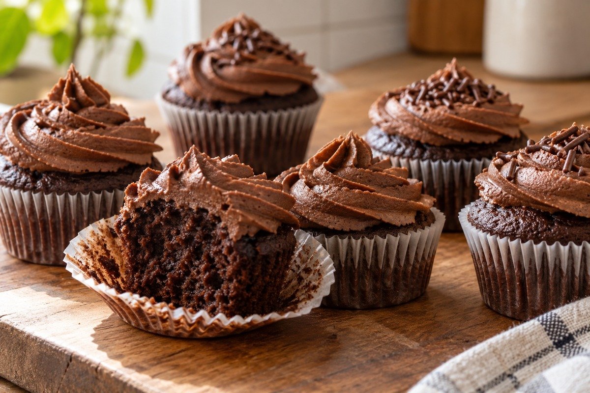 Cupcakes de chocolate com buttercream de cacau e uma unidade aberta mostrando o miolo.