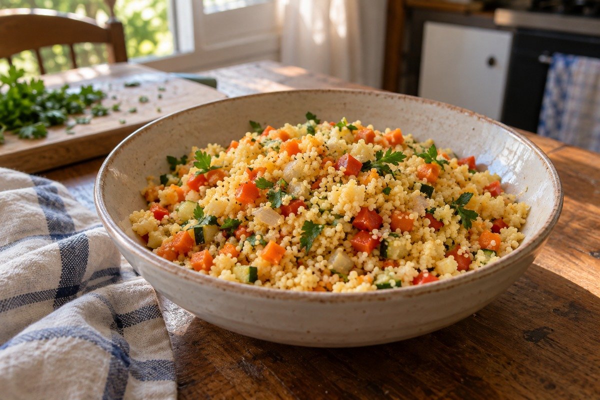 Cuscuz marroquino soltinho em tigela, com legumes picados em cubinhos e ervas frescas.