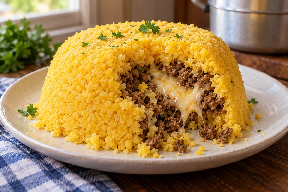 Cuscuz amarelo com recheio de carne moída e muçarela visível no corte