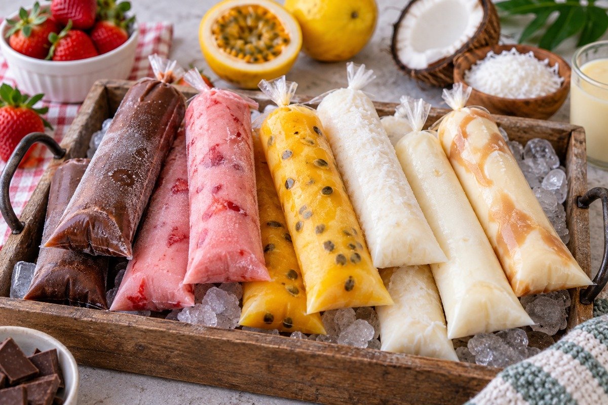 dindins gourmet em saquinhos transparentes, alguns de Ninho com pedaços de biscoito escuro e outros rosados com fina camada de chocolate, sobre bandeja simples
