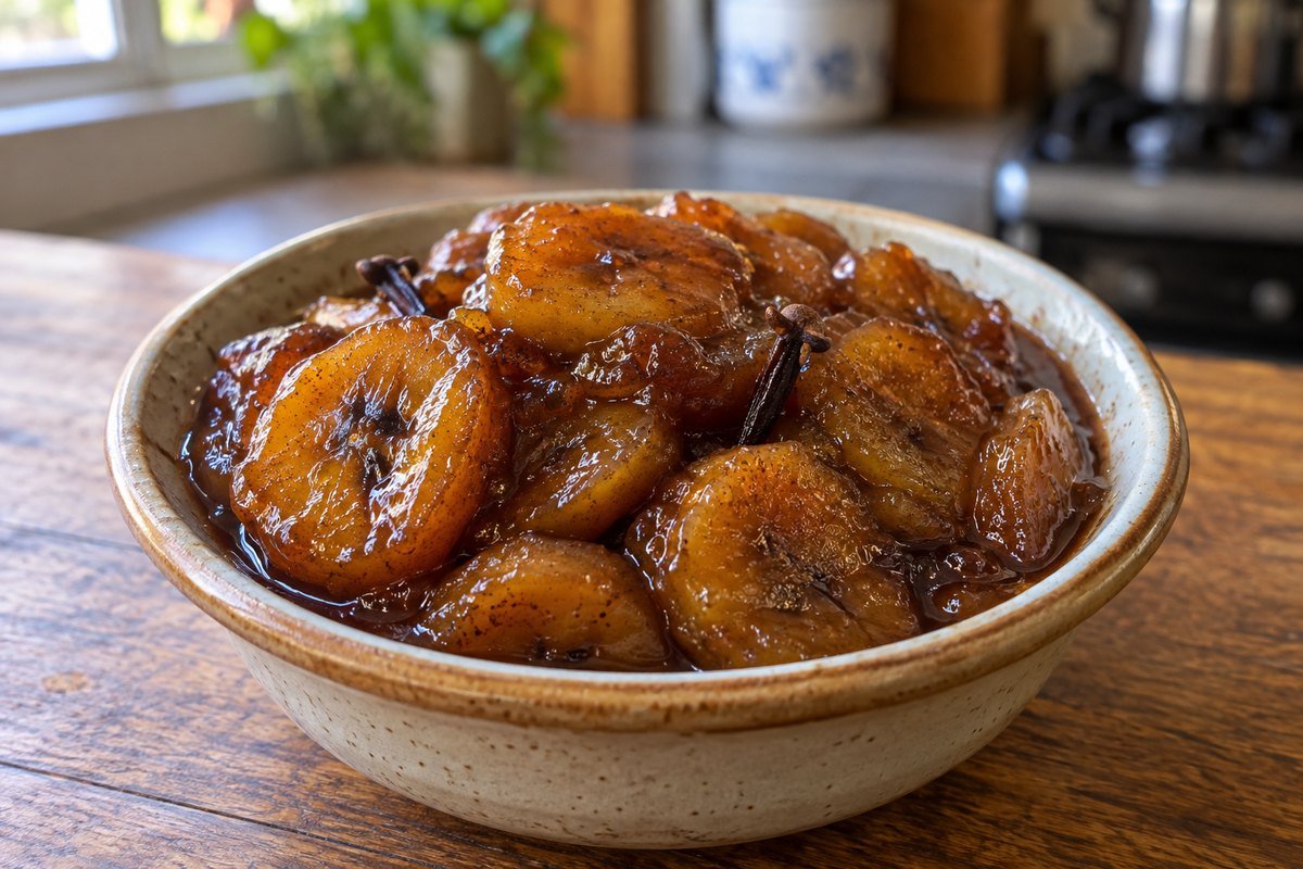 Doce de Banana pronto em apresentação caseira sobre mesa de madeira