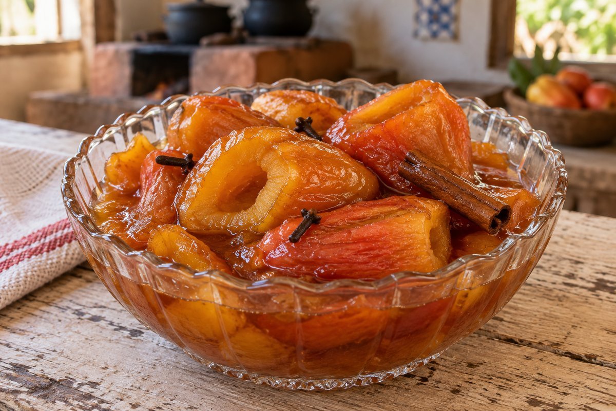 Doce de caju em pedaços com calda âmbar em compoteira
