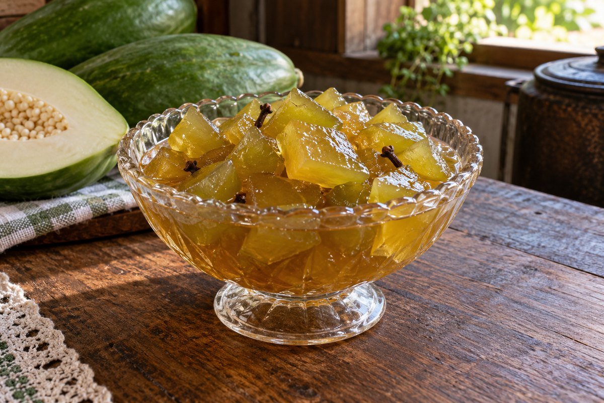 Doce de Mamão Verde em Pedaços com Cal pronto em apresentação caseira sobre mesa de madeira