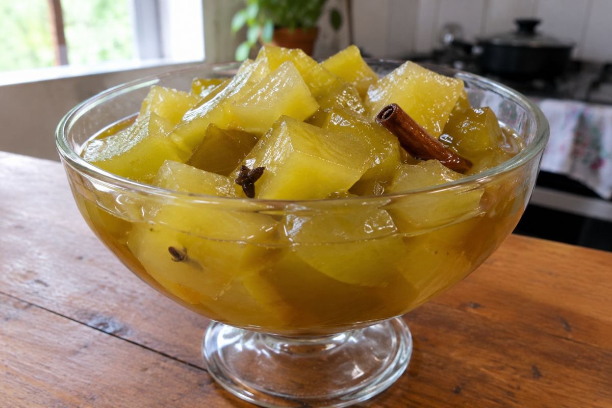 Doce de Mamão Verde em Pedaços em apresentação caseira sobre mesa simples