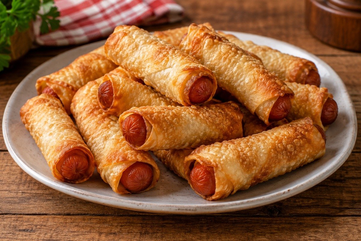 mini enroladinhos fritos de salsicha com massa de pastel, bem dourados e crocantes, em prato rústico