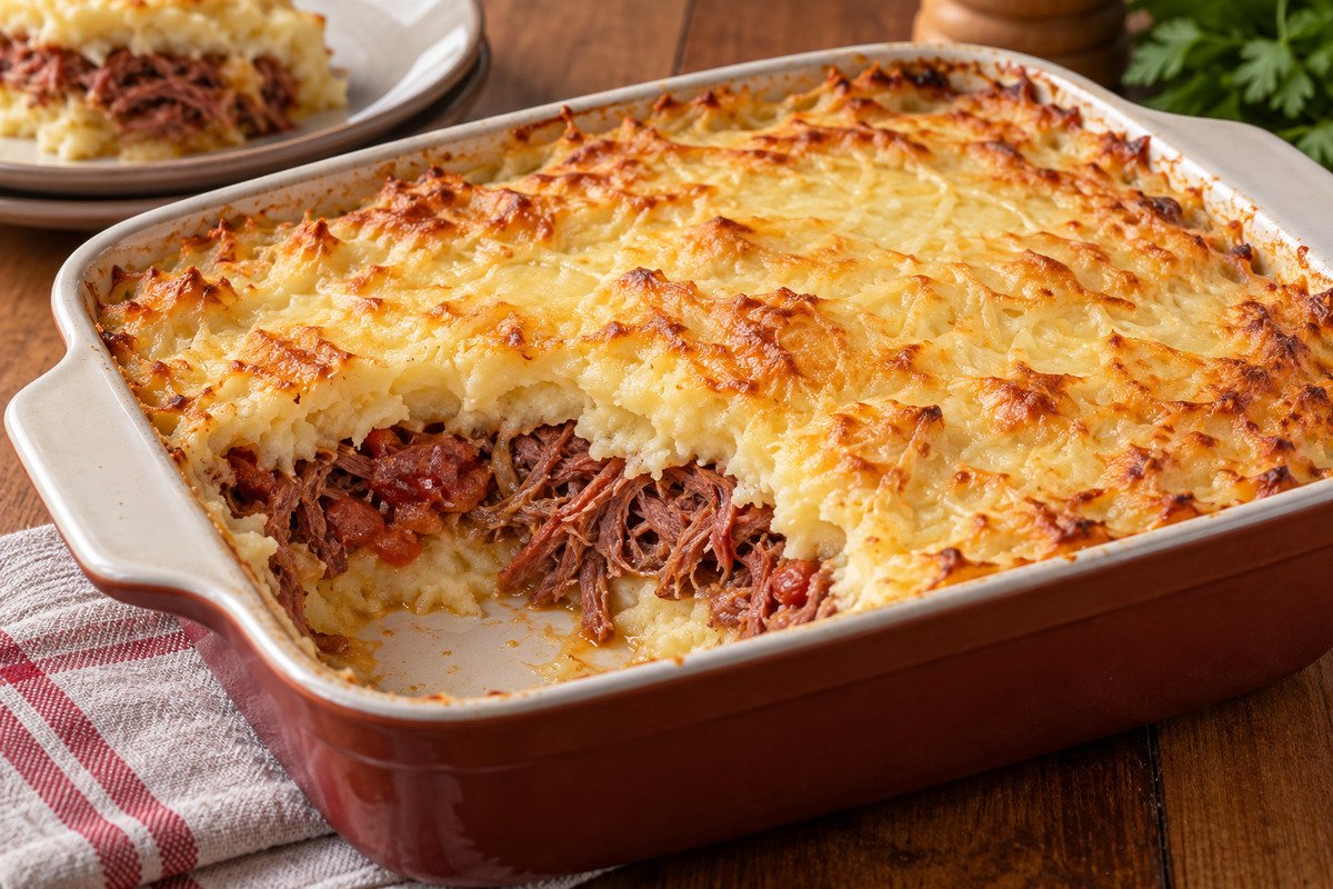 Escondidinho de batata gratinado com recheio visível de carne-seca