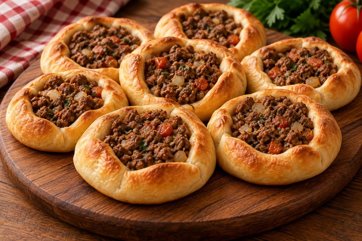 esfihas abertas pequenas de carne, massa dourada com bordas macias e recheio suculento, estilo esfiharia paulistana