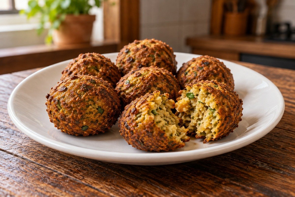 Falafels dourados em prato simples, com um bolinho aberto mostrando interior granuloso com ervas.
