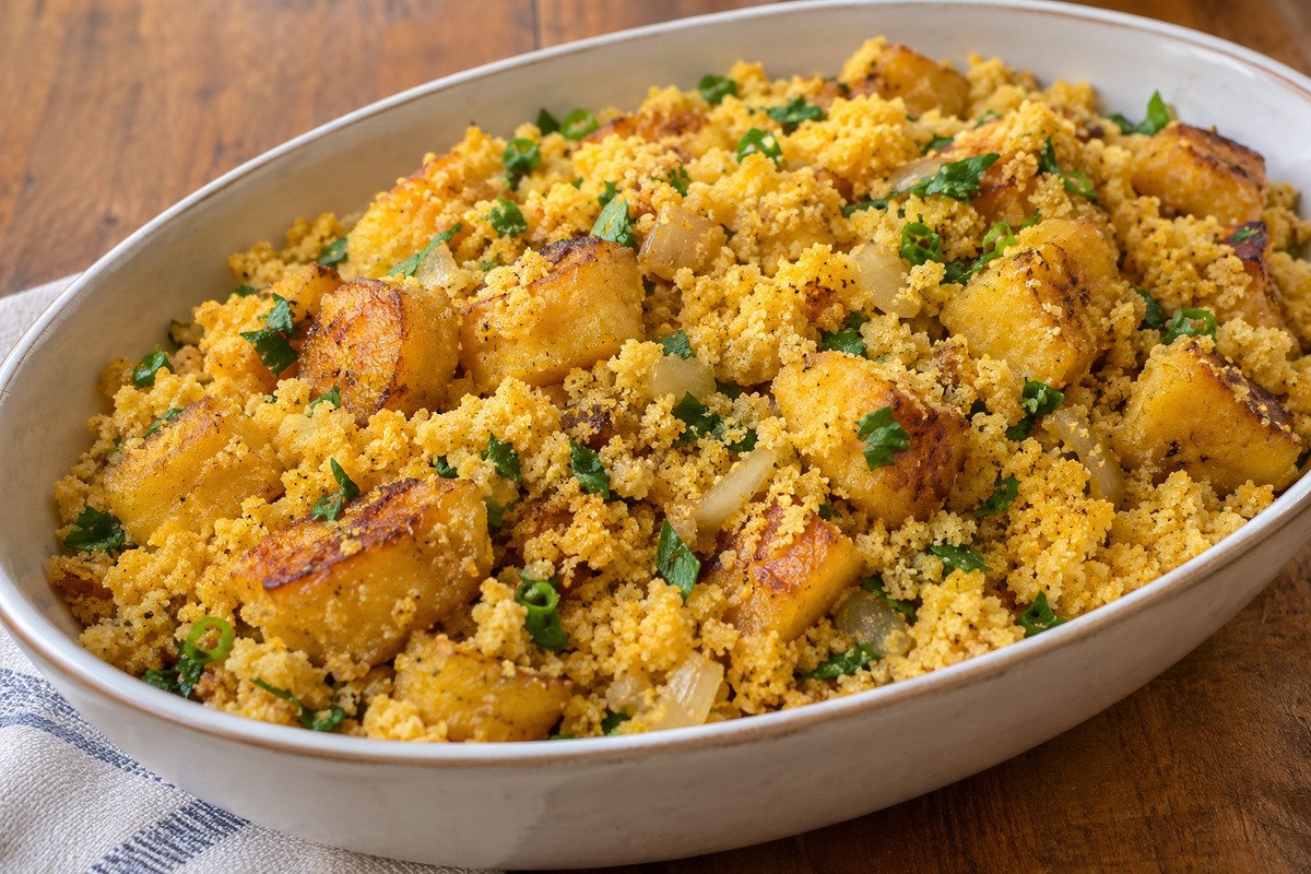 Farofa de milho amarela com pedaços de banana-da-terra dourada