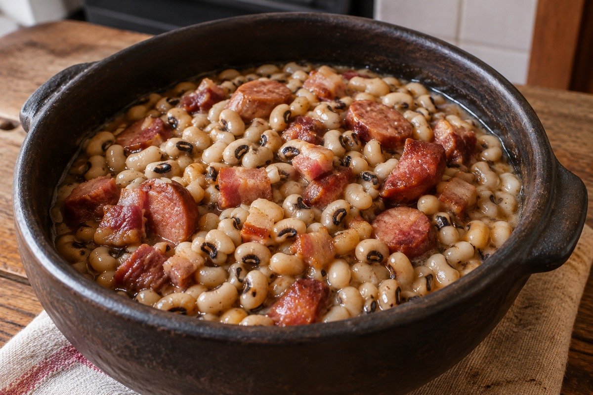 Feijão Fraldinha servido em tacho rústico com pedaços de calabresa e bacon