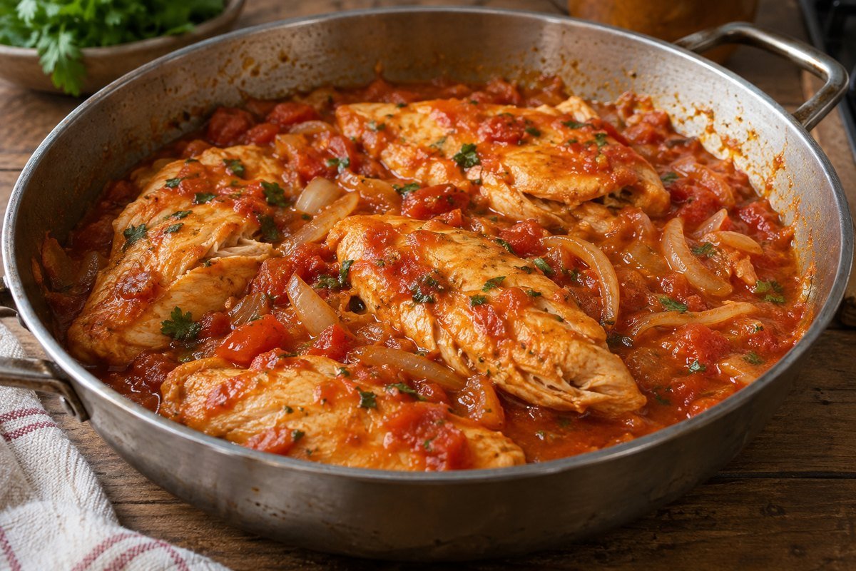 Filé de frango na panela de pressão em apresentação caseira sobre mesa simples