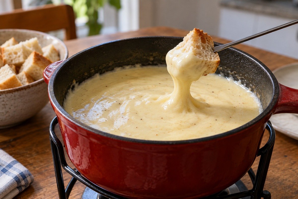 Fondue de queijo claro em panela vermelha, com cubo de pão mergulhado no creme.
