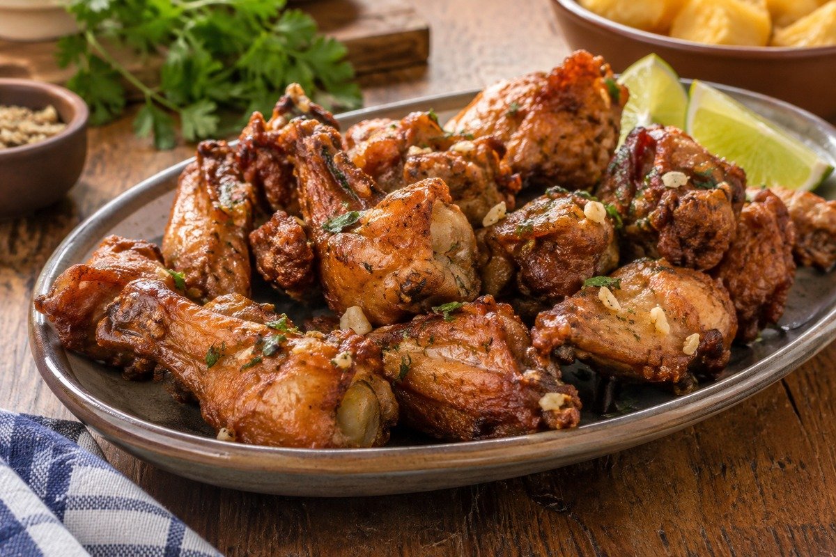 Frango a passarinho dourado servido em travessa simples com limão
